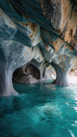 An image showcases natural marble caves with clear turquoise water. The photograph highlights the interplay of light and shadow on the cave's textures and colors. This composition could be used for various commercial projects related to nature and travel. The image portrays an environment that is both visually stunning and naturally occurring.の素材