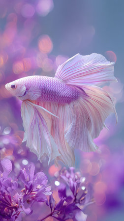 A stunning betta fish gracefully swims amidst a soft, blurred background. The image showcases the fish's intricate fins and delicate pastel coloration. The overall composition is gentle with an aquatic atmosphere. Ideal for various commercial uses, this image could be suitable for illustrations or decorative purposes.の素材