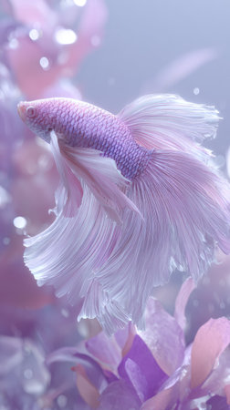 A vibrant betta fish swims gracefully, exhibiting intricate patterns and textures. The image uses pastel colors such as pink and purple. It has a soft focus with bubbles and flowing elements. This picture could be suitable for decorative designs or educational content.の素材