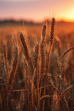 The image displays a close-up of wheat stalks under warm sunlight. The golden color of the wheat is contrasted by the soft, blurred background. The composition highlights the textured details of the wheat. This imagery could be utilized in various commercial and editorial projects.の素材