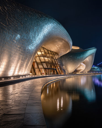 An architectural marvel is presented at night, showcasing a modern structure with fluid forms and reflective surfaces. The exterior features a metallic finish, with soft illumination highlighting the building's contours. The image captures the structure reflected in the calm waters. This image is suitable for various commercial uses, including promotional materials or artistic projects.の素材