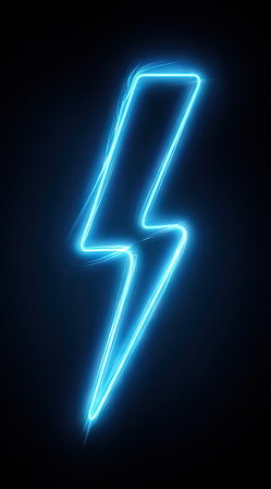 A bright blue neon lightning bolt illustration is centered against a dark background. The graphic showcases sharp angles and a glowing effect. It conveys energy and power using bright colors and a bold outline. The image could be used for various design, technology, or creative projects.の素材