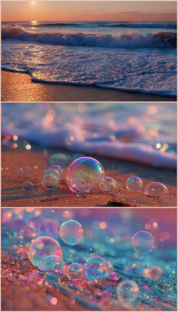 The image showcases ocean waves gently reaching the shore, with vibrant sunset colors painting the sky. Soap bubbles rest on the sand, reflecting the colors of the ocean. This creates a serene scene, possibly for use in nature, travel, or artistic projects.の素材
