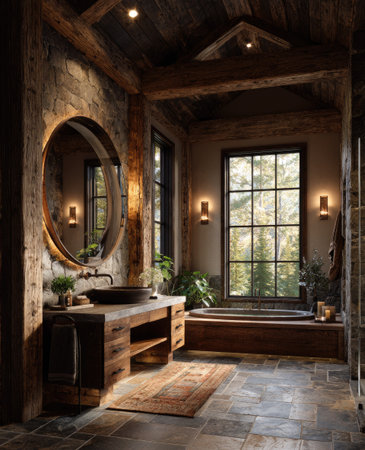 This interior showcases a rustic bathroom design featuring wooden elements, including a vanity, mirror, and ceiling beams. The space is illuminated by warm lighting, creating a cozy atmosphere. A large window offers an outdoor view, and the overall style suggests a natural or lodge-like setting. Suitable for various editorial and commercial applications.の素材