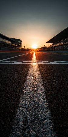 The image showcases a racing track with a striking sunset backdrop. The focus is on the finish line, emphasized by a white stripe. Warm sunlight bathes the scene, creating a sense of anticipation. The composition features architectural elements, suitable for commercial or editorial applications related to competition and speed.の素材