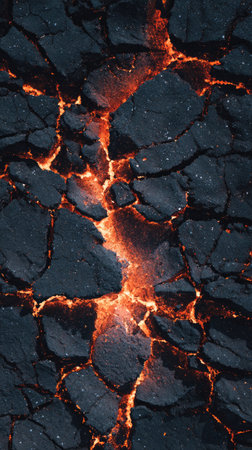 An overhead view displays vibrant molten lava flowing between dark, cracked rock formations. The image showcases fiery orange and red hues contrasting against the black textures. The composition emphasizes the intricate patterns and textures, suggesting potential use in graphic design or editorial projects.の素材