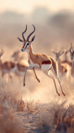 A springbok antelope is captured mid-leap against a blurred backdrop of its herd. The animal displays a reddish-brown and white coat, showcasing its elegant form. Soft sunlight bathes the scene, creating a warm, natural ambiance. This image is suitable for various commercial uses, including advertising and editorial content.の素材
