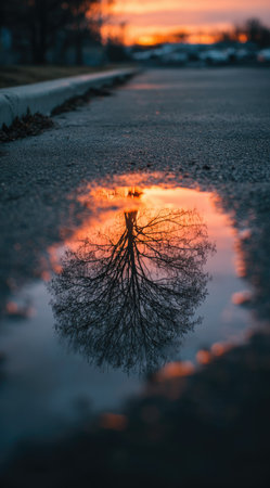 An overhead shot shows a puddle on an asphalt road reflecting the vibrant colors of a sunset and the silhouette of a tree. The composition highlights the water's smooth texture against the textured road. The warm colors contrast with the cool tones of the sky. This image is suitable for various commercial uses.の素材