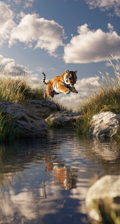 A tiger is captured in mid-air as it jumps over a body of water, set against a backdrop of a bright sky and fluffy clouds. The scene is illuminated by natural sunlight, with reflections in the water below. This image could be used for various commercial or editorial purposes.の素材