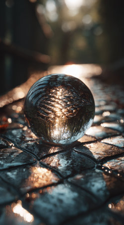 A close-up captures a transparent sphere resting on a textured, tiled surface. The sphere reflects the surrounding light, creating a bright and contrasting effect. The composition uses soft focus and shallow depth of field, with hints of outdoor foliage in the blurred background, suggesting a natural environment. Ideal for various commercial and illustrative projects.の素材