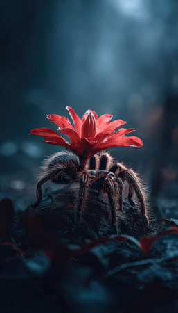A close-up view presents a tarantula juxtaposed with a striking red flower. The image highlights the detailed textures of the spider and bloom. The composition utilizes a shallow depth of field, with soft lighting and a deep blue backdrop that evokes a nocturnal atmosphere. Suitable for a variety of editorial or artistic applications.の素材