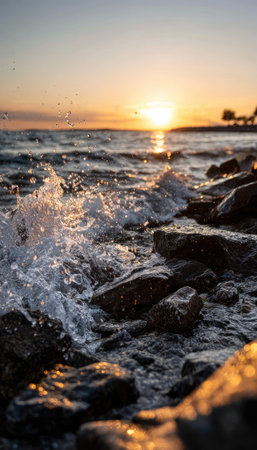 A close-up view presents a rocky shoreline as waves crash against the rocks during sunset. The image displays the sun setting over the water creating a warm, golden glow with visible splashes. This photograph is appropriate for various commercial applications, including marketing, advertising, and editorial content.の素材