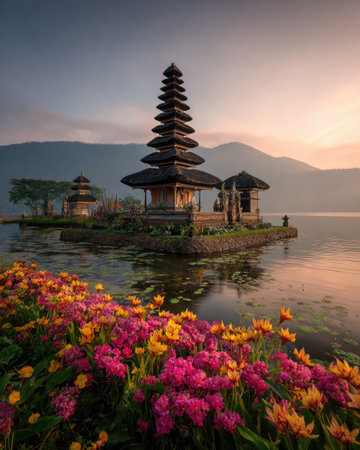 A tiered temple structure sits on a small island, surrounded by a calm lake, lush green foliage and mountain backdrop. Vivid pink and yellow flowers in the foreground lead the viewer into the composition. The sky is a gradient of colors as the day begins or ends, suggesting a peaceful, natural environment. Suitable for travel and cultural content.の素材