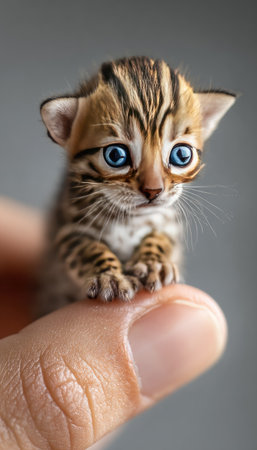 A close-up photograph showcases a small kitten with distinctive brown and black stripes and piercing blue eyes. The kitten rests delicately on a human finger, against a blurred gray backdrop. The lighting highlights the textures of the fur. Suitable for various editorial and commercial applications.の素材