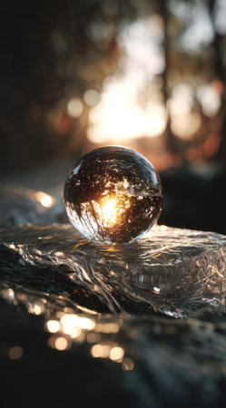 A close-up shot features a clear sphere resting on a textured surface. Sunlight streams through the sphere, casting a warm glow. The composition showcases detailed textures and a blurred background of trees, suggesting an outdoor environment. This image is suitable for various commercial uses and could be utilized for editorial content.の素材