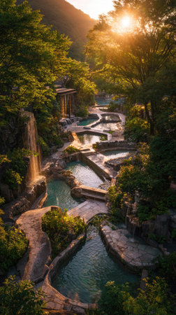 An aerial view presents terraced pools surrounded by vibrant greenery under warm sunlight. The composition features waterfalls and stone pathways within a forest setting. The image displays a natural aesthetic, suitable for various editorial and commercial applications.の素材