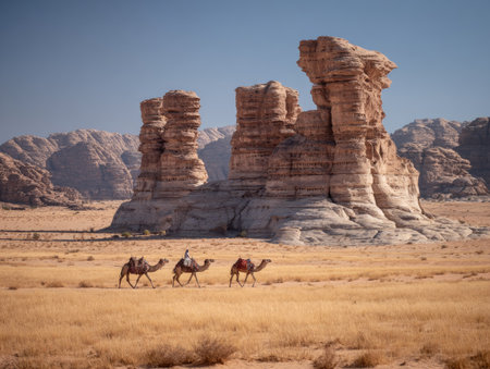 Three camels are traversing the arid terrain, their silhouettes contrasting against the golden grasses and imposing rock formations. The composition, bathed in warm sunlight, captures the vastness of the desert setting. This image is suitable for various commercial purposes, including travel publications and environmental content.の素材