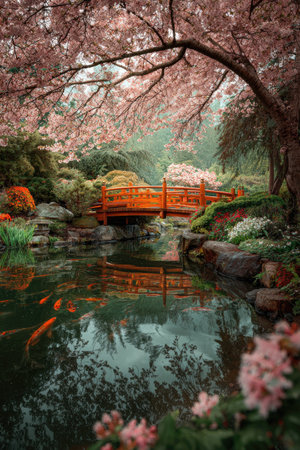 This image showcases a serene Japanese garden with a vibrant orange bridge arching over a tranquil pond. The composition features lush greenery, blooming cherry blossoms in varying shades of pink, and the reflections in the water. This picturesque scene evokes peace and could be used for editorial and commercial purposes.の素材