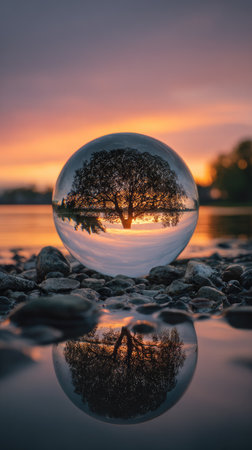 A glass sphere captures a tree, reflecting the sunset over a body of water. The scene displays warm colors like orange and yellow. The reflective surface of the water mirrors the sky, highlighting a natural environment. Suitable for artistic purposes, this image is ideal for various commercial projects.の素材