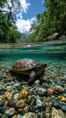 A turtle swims in transparent water, revealing a rocky riverbed. Lush green trees line the banks above, under a blue sky. The underwater perspective highlights the textures of the rocks and the turtle's shell. This image could be suitable for environmental, educational, or nature-themed projects.の素材