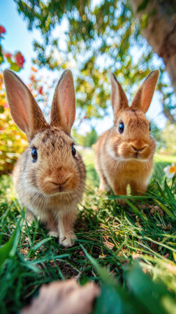 Two small rabbits with brown fur are captured in a close-up shot, showcasing their detailed features. The composition highlights the animals amidst vibrant green grass and foliage. Natural sunlight illuminates the scene, suggesting an outdoor setting. This image may be suitable for a variety of editorial and commercial applications.の素材
