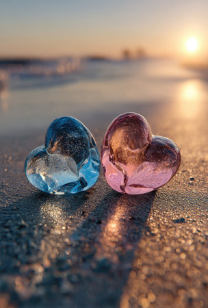 Two heart-shaped glass sculptures are displayed on a sandy surface, reflecting the sunlight. One heart is blue, and the other is pink. The composition features a shallow depth of field, with a blurred backdrop suggesting an outdoor environment, possibly a beach, at sunset. This image could be used for various commercial or editorial purposes.の素材