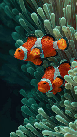 Two vibrant clownfish are seen near a green anemone. The composition uses a close-up perspective and depicts a dynamic underwater environment. The image displays bright orange and white fish against a textured green background. It could be useful for educational materials or nature-related projects.の素材