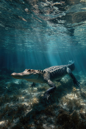 An alligator swims gracefully underwater, its textured skin contrasting with the clear blue water. Sunlight filters through the surface creating a dynamic visual effect. The composition highlights the animal's form within its aquatic environment, suitable for various editorial and commercial applications. The scene depicts a natural habitat.の素材