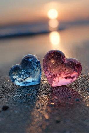 Two heart-shaped objects, one blue and one pink, rest on a textured, wet surface reflecting sunlight. The composition features a blurred background suggesting a coastal setting at either dusk or dawn. The image evokes feelings of romance and could be used for various commercial or artistic projects.の素材