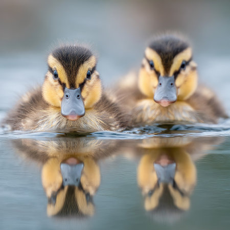 Two young ducklings are seen swimming in the water, their reflections mirrored beneath. The image features a close-up perspective with soft lighting and a blurred background. This photograph highlights the ducks' plumage and the water's texture, offering potential for use in environmental or wildlife-related content.の素材