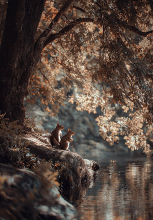 Two squirrels are perched on a rock cliff, surveying the scene. The image features a natural environment with a large tree and water. The color palette emphasizes warm tones with soft lighting. This composition could be suitable for various commercial or editorial applications.の素材