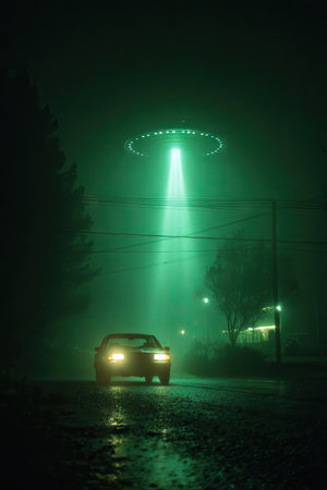 An unidentified flying object hovers above a street illuminated by a bright green beam. A car is visible on the wet road. The scene is shrouded in a deep green mist with trees and street lights adding to the eerie atmosphere. Ideal for science fiction illustrations and creative concepts.の素材
