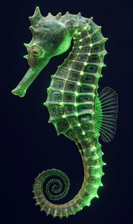 A close-up view presents a seahorse with a luminous green glow against a dark backdrop. The detailed image showcases the creature's textured body, fins, and unique shape. Ideal for illustrating various scientific, educational, or artistic projects, and suitable for commercial applications.の素材