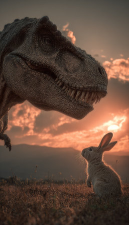 An artistic illustration presents a Tyrannosaurus Rex and a rabbit silhouetted against a dramatic sunset. The image displays warm colors, soft textures, and a naturalistic composition. This scene suggests an open environment with evocative lighting. Suitable for a range of commercial applications including editorial and creative projects.の素材