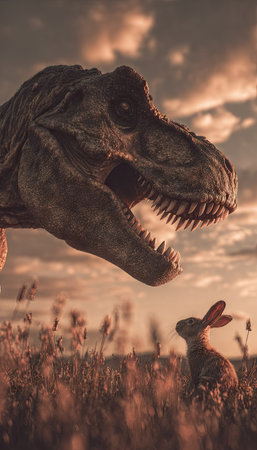 A digital illustration features a large Tyrannosaurus Rex facing a small rabbit in a field. The scene showcases warm tones, with the creatures positioned in the foreground against a blurred background. The style suggests a blend of realism and fantasy, likely suitable for educational or promotional materials.の素材