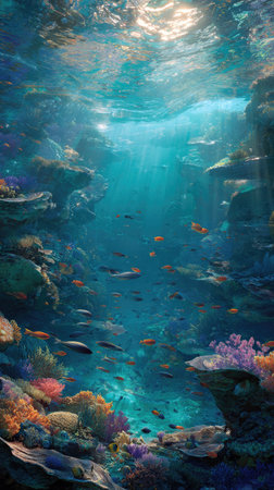 This artwork presents a vibrant underwater scene, depicting various fish swimming amidst coral reefs. The composition features a rich palette of blues and greens, with sunlight filtering through the water. This image could be used for educational materials, website backgrounds, or artistic prints and other commercial applications.の素材
