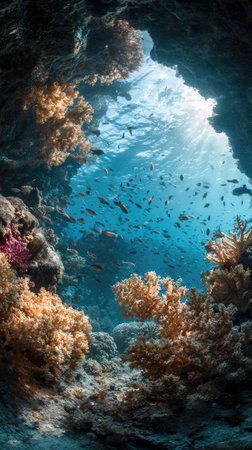 An underwater cave interior reveals colorful coral formations and numerous fish. The scene showcases a blue and brown palette with soft textures. Sunlight streams through the opening, creating a natural lighting effect. This image could be suitable for various commercial or editorial applications.の素材