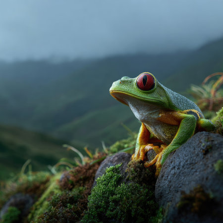 A vivid green tree frog with striking red eyes is the main subject, resting on a mossy rock. The image highlights a close-up view with detailed textures and rich colors against a blurred natural background. The outdoor environment suggests a humid, mountainous setting, suitable for various nature-themed projects and editorial uses.の素材