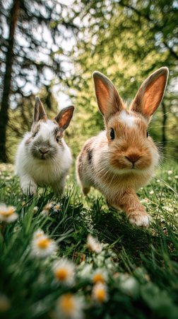 Two rabbits are featured in this image, set in a natural outdoor environment. The animals are surrounded by green grass and small white flowers. The lighting suggests daytime. The photograph is suitable for various commercial uses, including illustrations and educational content.の素材
