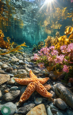 A starfish rests on a seabed composed of rocks and pebbles, illuminated by sunlight filtering through the water. The image reveals colorful marine flora and a turquoise blue hue, creating an immersive aquatic environment. Ideal for depicting nature, exploration, or creating artistic visuals suitable for commercial purposes.の素材