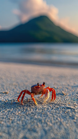 A close-up view presents a crab on a sandy beach. The crab is red with visible legs and claws. The composition uses shallow depth of field, with a mountain and ocean in the background. The scene suggests a tropical environment and could be used for various projects.の素材