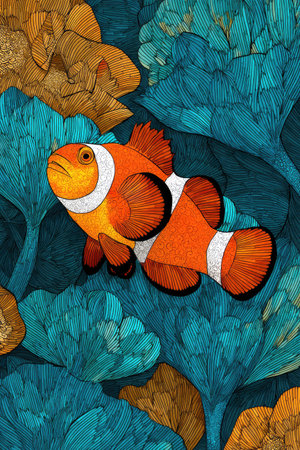 An artistic illustration showcases a clownfish amid a textured, stylized aquatic environment. The composition features a bold orange and white fish against a backdrop of teal and gold. The artwork utilizes detailed lines and textures suggesting a decorative, possibly digital, style, and may be suitable for various design projects.の素材