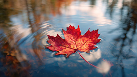 A single red maple leaf drifts gently on the surface of calm water, reflecting the surrounding environment. The image showcases the leaf's intricate details and textures, highlighting its autumnal hues. The composition suggests a serene setting and could be suitable for various commercial or artistic applications.の素材