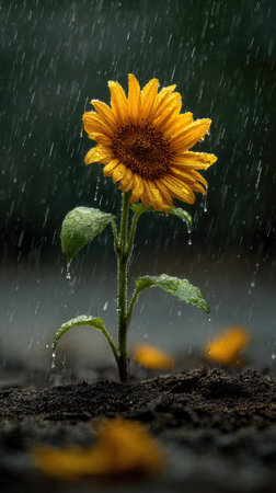 A single sunflower stands tall in the rain, showcasing bright yellow petals and a textured brown center. Water droplets cling to the green leaves, enhancing the dynamic scene. The composition emphasizes the flower's delicate beauty. This image is suitable for various commercial uses, including artistic designs and promotional materials.の素材