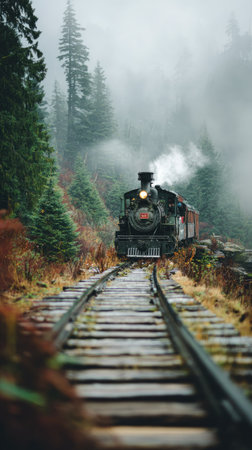 A classic steam train travels on tracks through a dense forest. The scene features lush green trees and a misty atmosphere, creating a sense of depth and mystery. The image uses natural lighting. Suitable for editorial use, illustrating transport, and representing travel.の素材