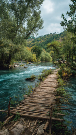 A wooden bridge spans a vibrant river, surrounded by a dense forest. The composition features a natural setting, with a rich palette of green and blue hues under an overcast sky. This image evokes tranquility and could be suitable for various uses, including editorial and commercial purposes.の素材