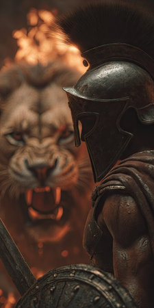 A close-up image presents a warrior in battle armor, facing a fiery background where a large lion roars. The warm color palette emphasizes the dramatic lighting and the texture of armor. This composition may be used for editorial content or promotional materials relating to courage or combat.の素材