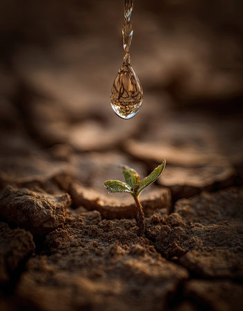 A single water drop is captured mid-air, poised to nourish a small green plant sprouting from parched, cracked earth. The image uses a shallow depth of field, emphasizing the delicate balance of life and dryness. Warm brown tones dominate, suggesting a harsh environment. Suitable for ecological or environmental concepts.の素材