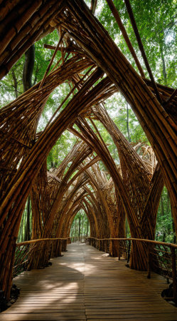 A wooden pathway leads through an archway structure constructed from intertwined branches. The scene is bathed in natural light, with green foliage visible in the background. This design creates a serene and inviting atmosphere. Ideal for illustrating concepts of architecture, nature, and recreational space.の素材