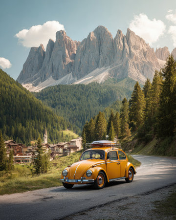 A classic yellow car travels along a winding road, set against a stunning backdrop of towering mountains and a vibrant sky. The image showcases natural beauty with lush green trees and a quaint village nestled below. Suitable for travel, tourism, and lifestyle content, the scene evokes a sense of adventure.の素材